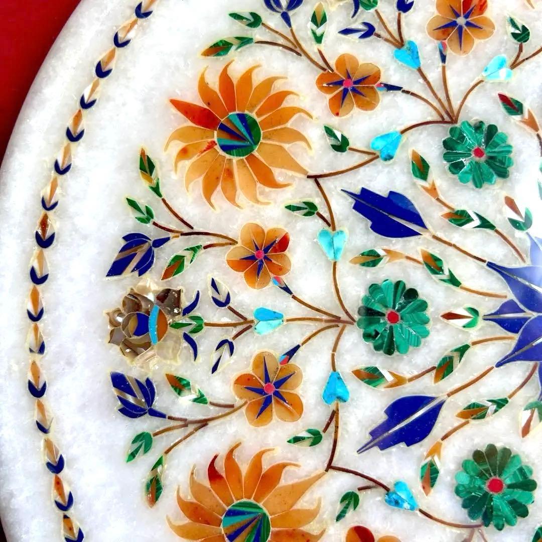 インド　大理石　象嵌細工 螺細　飾り皿　額装