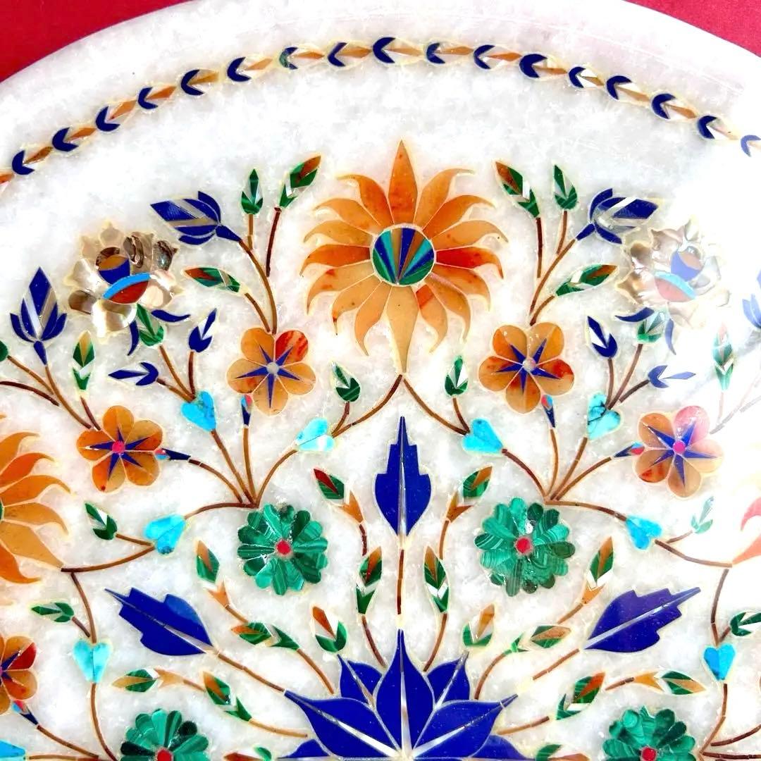 インド　大理石　象嵌細工 螺細　飾り皿　額装