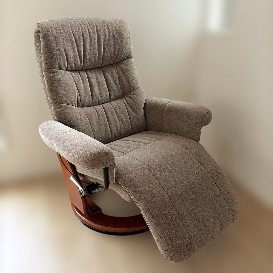 リクライニング一人ソファー フットレスト付ブラウン茶色オットマンパーソナルチェア