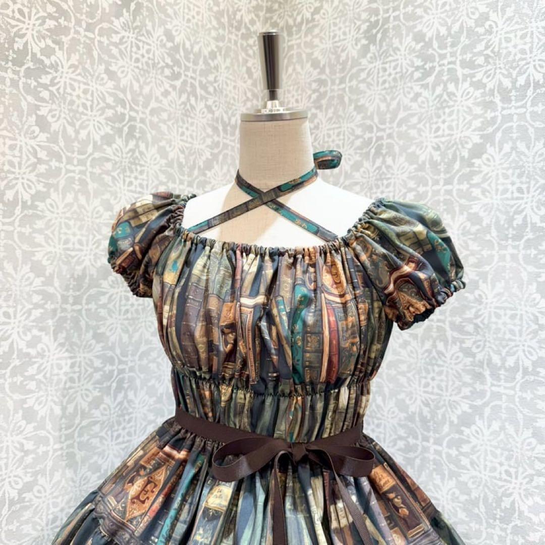 な*せ様 Queen cat 書斎柄 ワンピース 深緑 (ワンピースのみ)