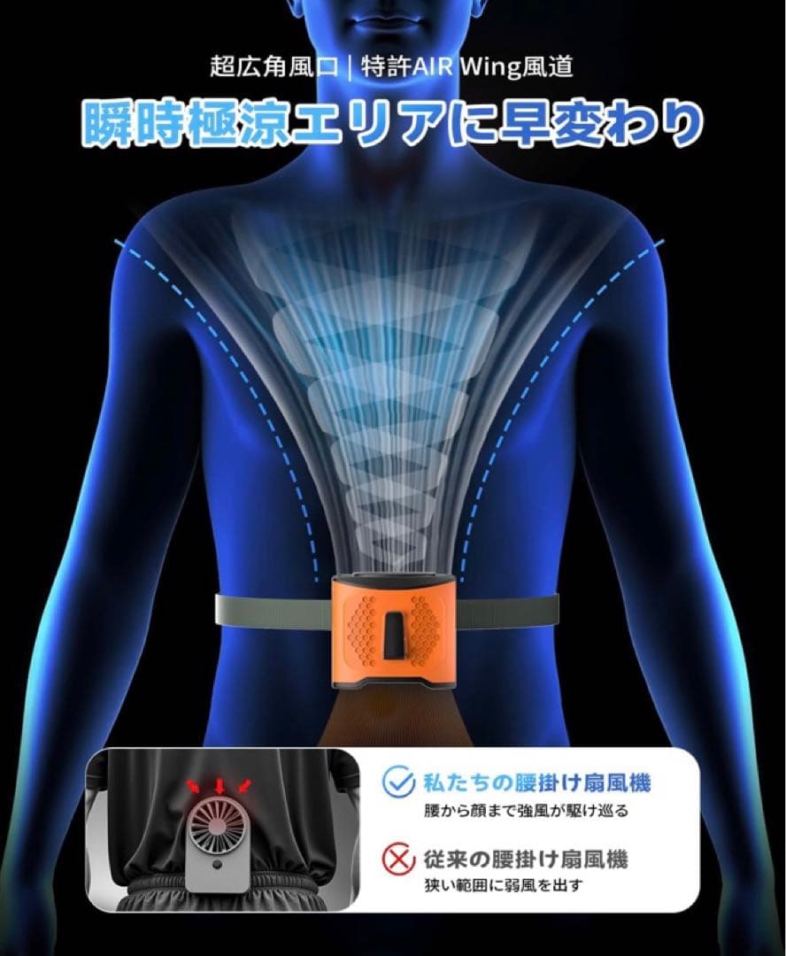 腰掛け 扇風機 強力 ベルトファン 4段階風量10000mAh大容量　5台セット