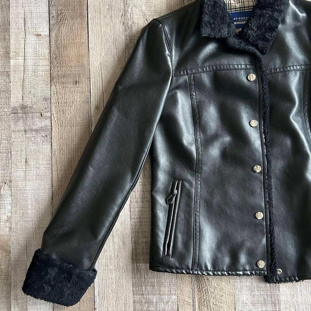 バーバリーブルーレーベル✿ボアジャケット 合成皮革 裏地ノバチェック 38 黒