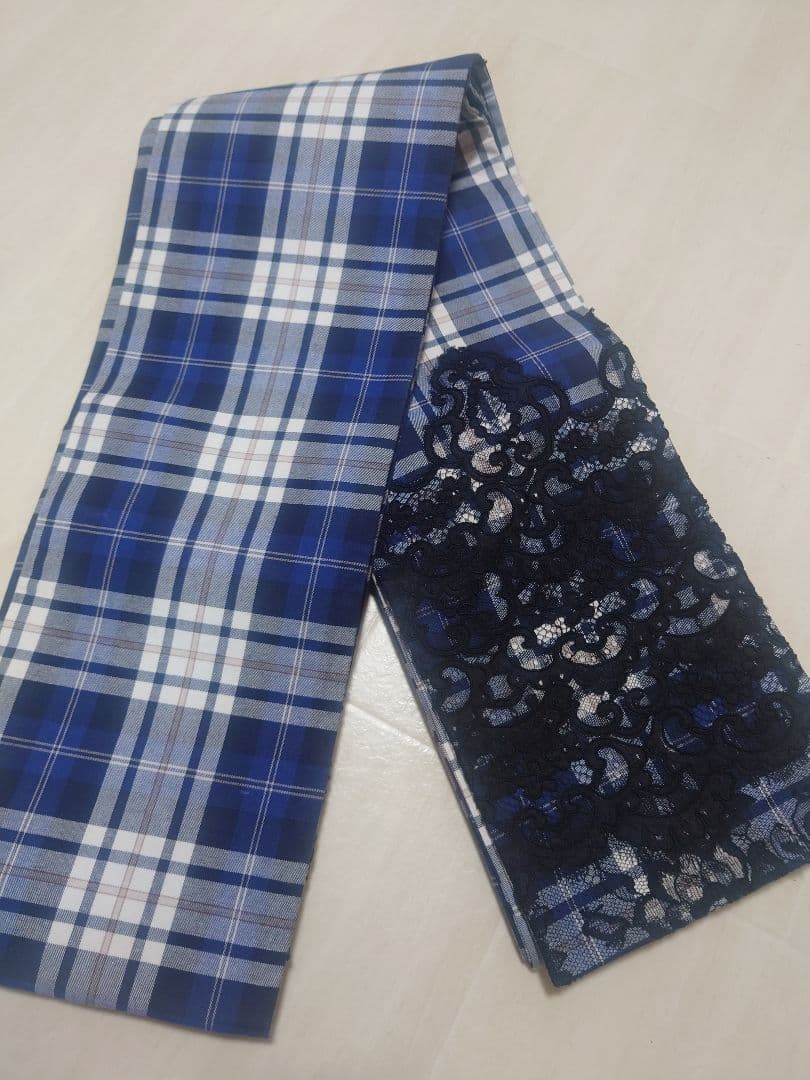 【撫松庵】青チェック柄に黒レースの半幅帯