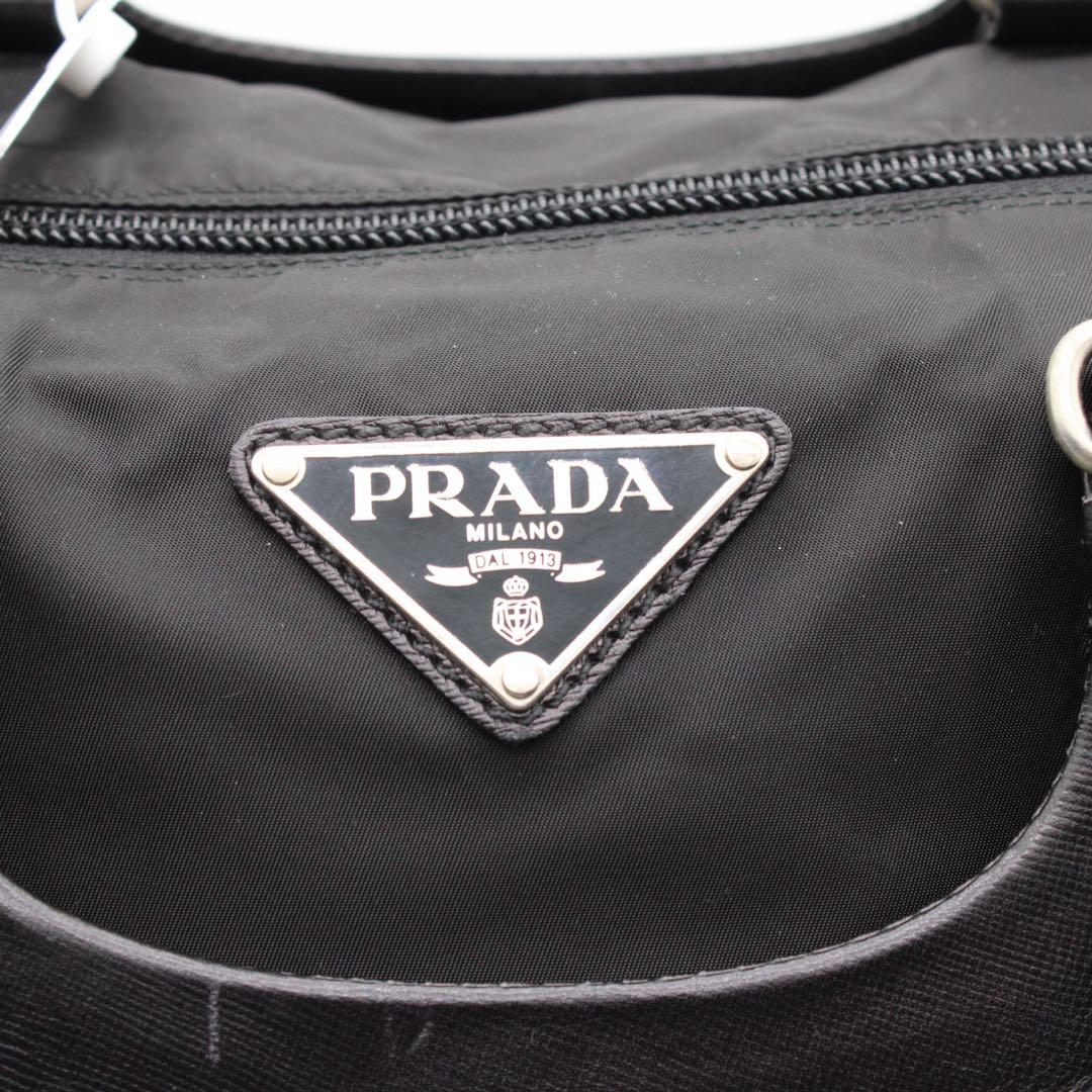 【美品】PRADA 三角ロゴプレート ボストンバッグ ナイロン レザー 黒色