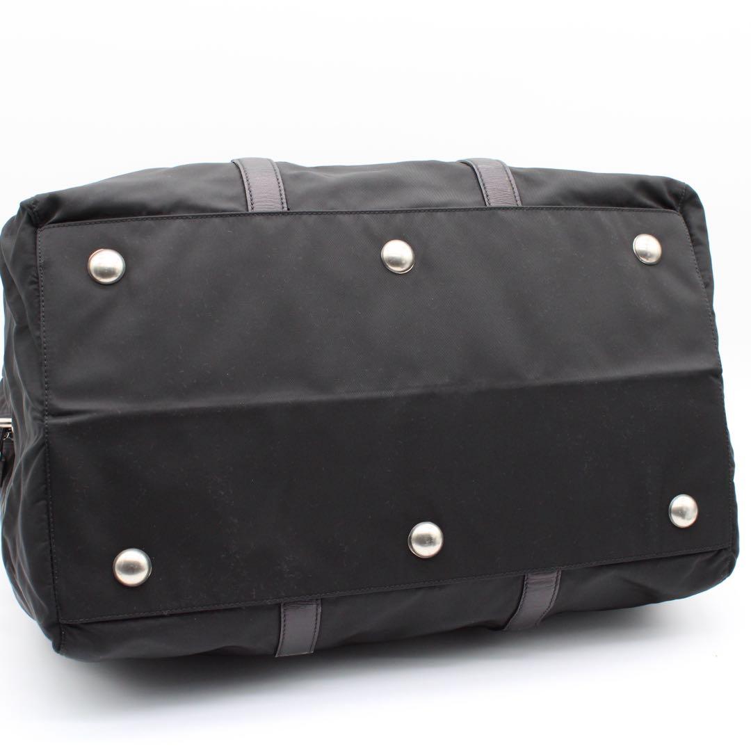 【美品】PRADA 三角ロゴプレート ボストンバッグ ナイロン レザー 黒色