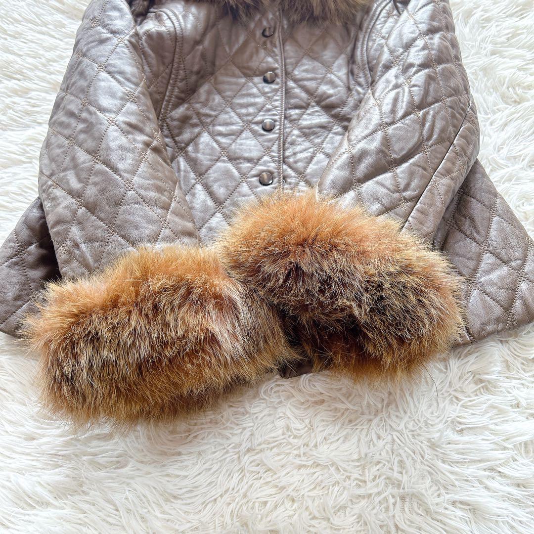 【極美品】レリアン　フォックスファー付きキルティングレザージャケット　9／M