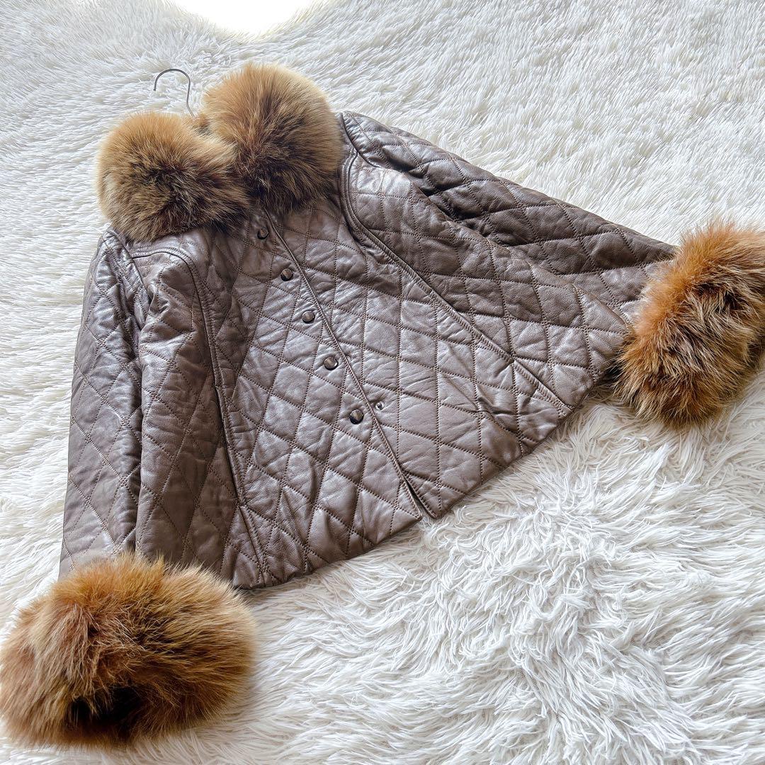 【極美品】レリアン　フォックスファー付きキルティングレザージャケット　9／M