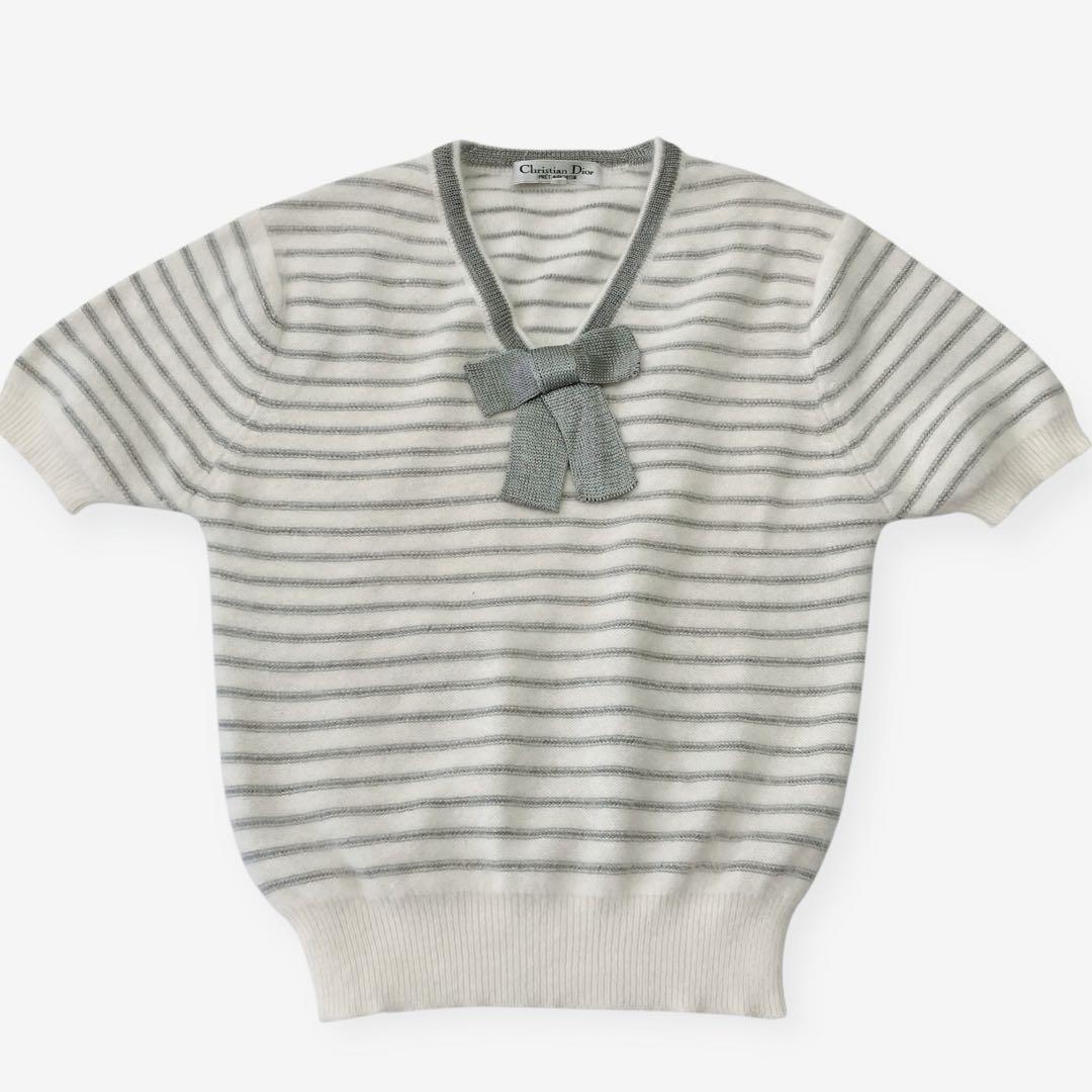 ディオール Dior セーター ニット ボーダー リボン 半袖 Vネック