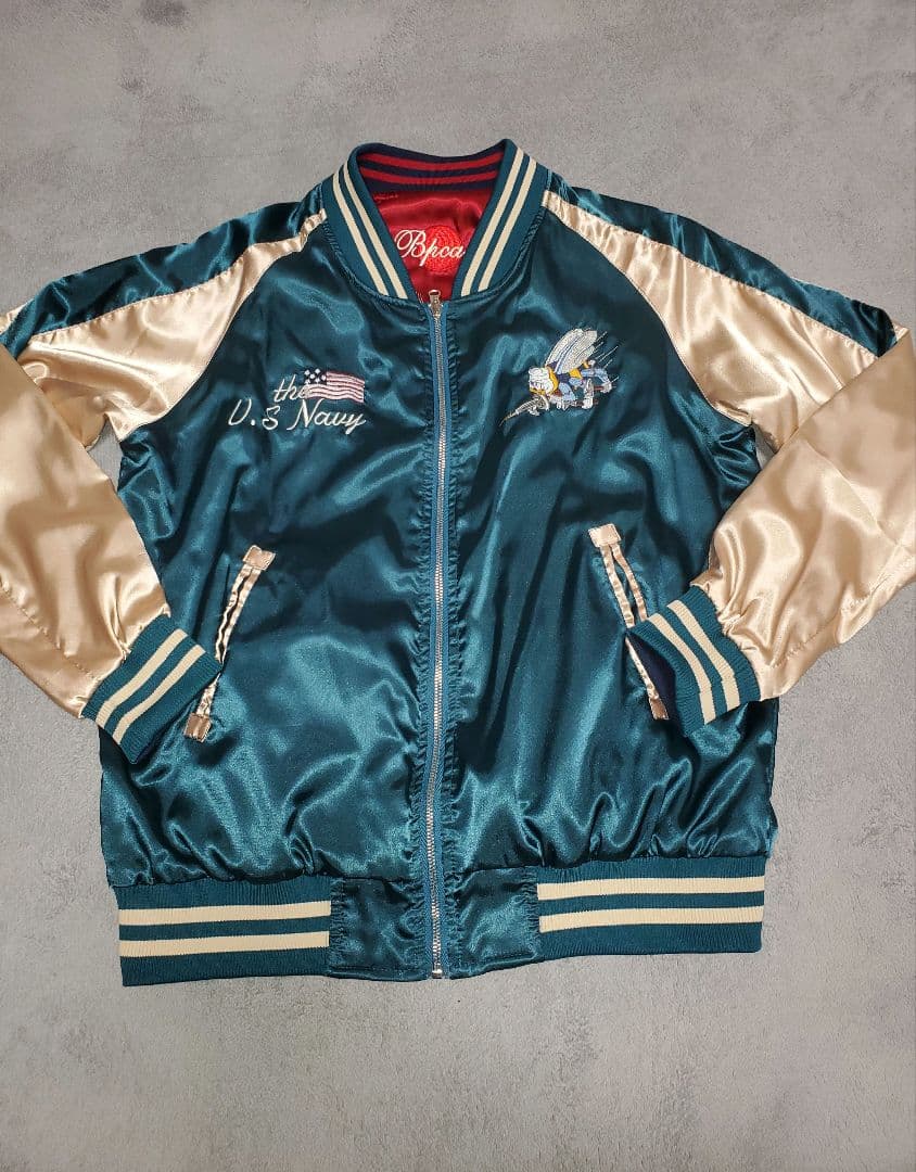 U.S.NAVY SEABEES×鶴刺繍 リバーシブル　 サテンスカジャン