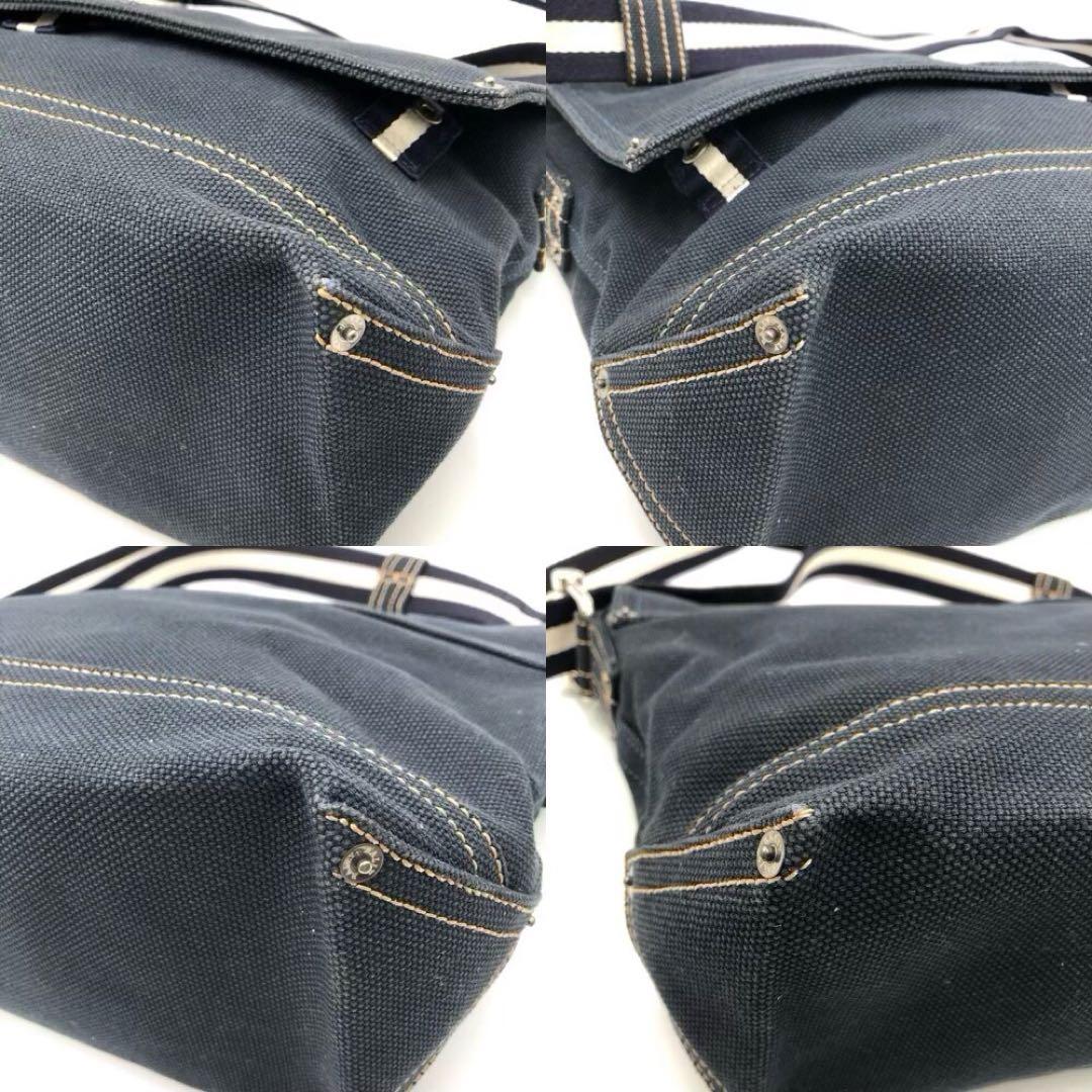 希少 極美品 バリー ショルダーバッグ A4 ロゴ キャンバス レザー ネイビー