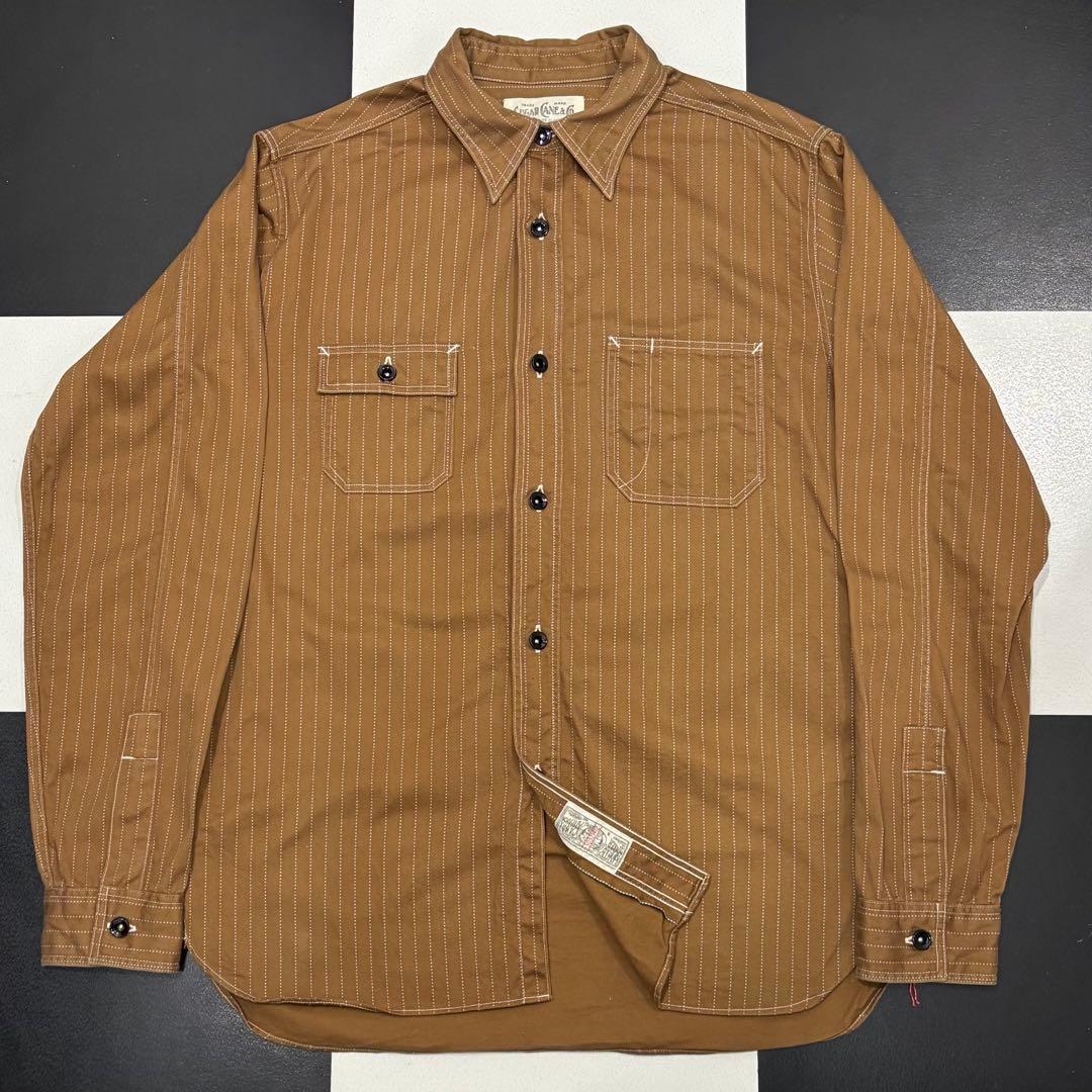 美品 シュガーケーン ブラウン ウォバッシュ ストライプ ワーク シャツ M