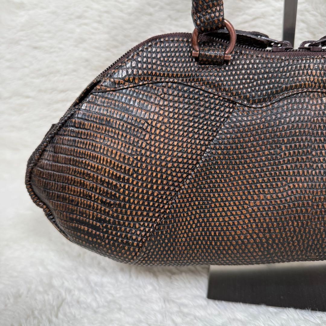 【美品】JRAタグ付 リザード 本革 ハンドバッグ ブラウン 茶 ヴィンテージ