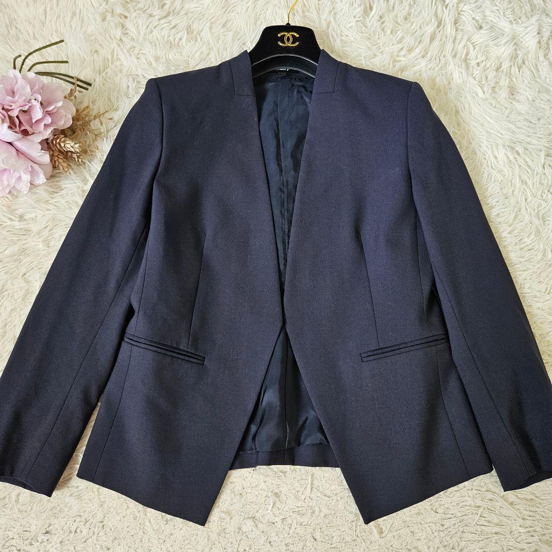 美品 Theory ノーカラージャケット パンツ スーツ 2 M ダークネイビー