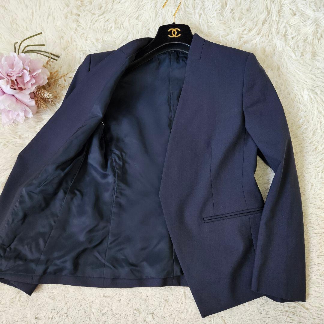 美品 Theory ノーカラージャケット パンツ スーツ 2 M ダークネイビー