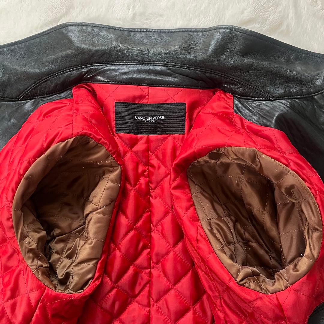 鮮烈レッド裏地✨ナノユニバース　羊革ラムレザージャケット　L キルティング　黒