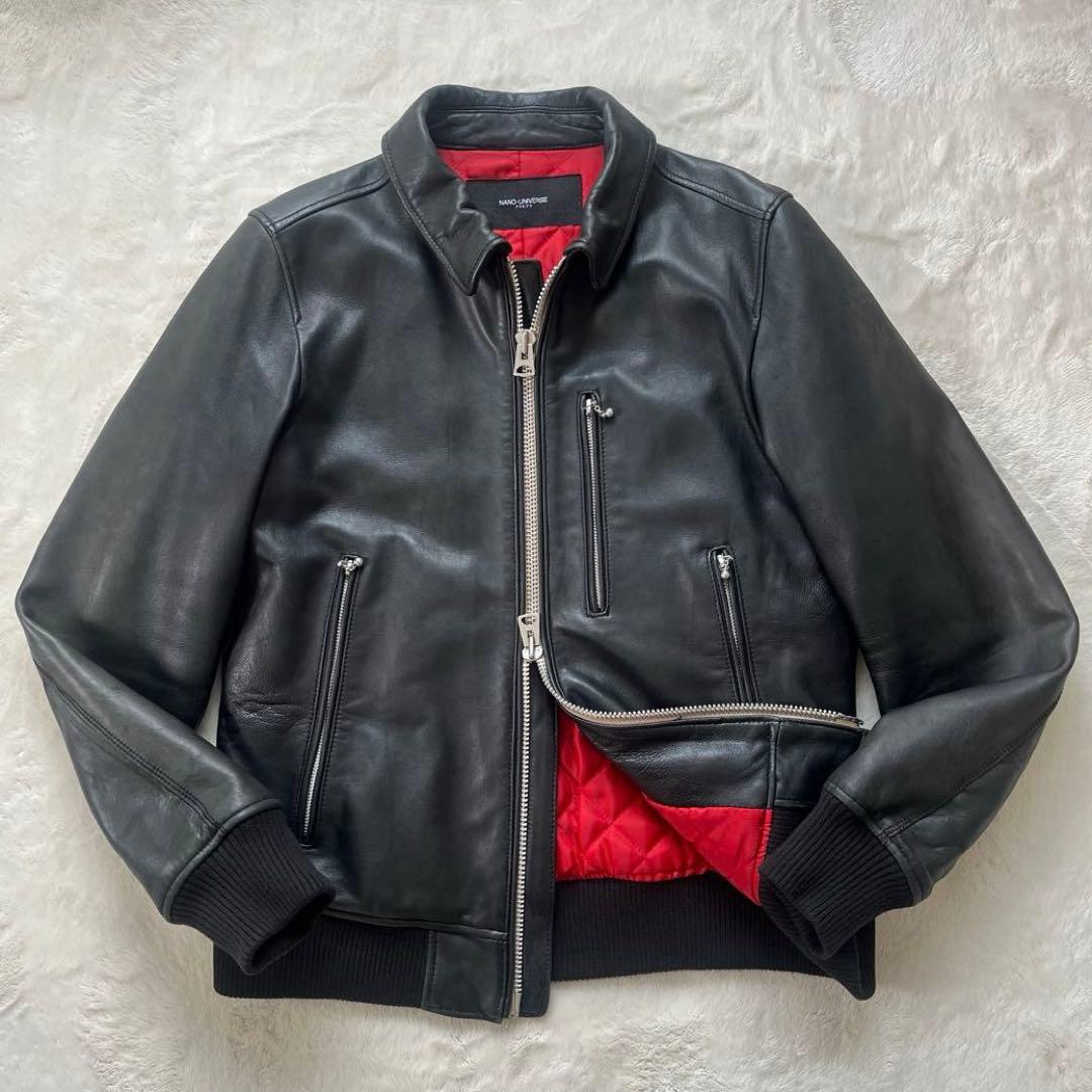 鮮烈レッド裏地✨ナノユニバース　羊革ラムレザージャケット　L キルティング　黒