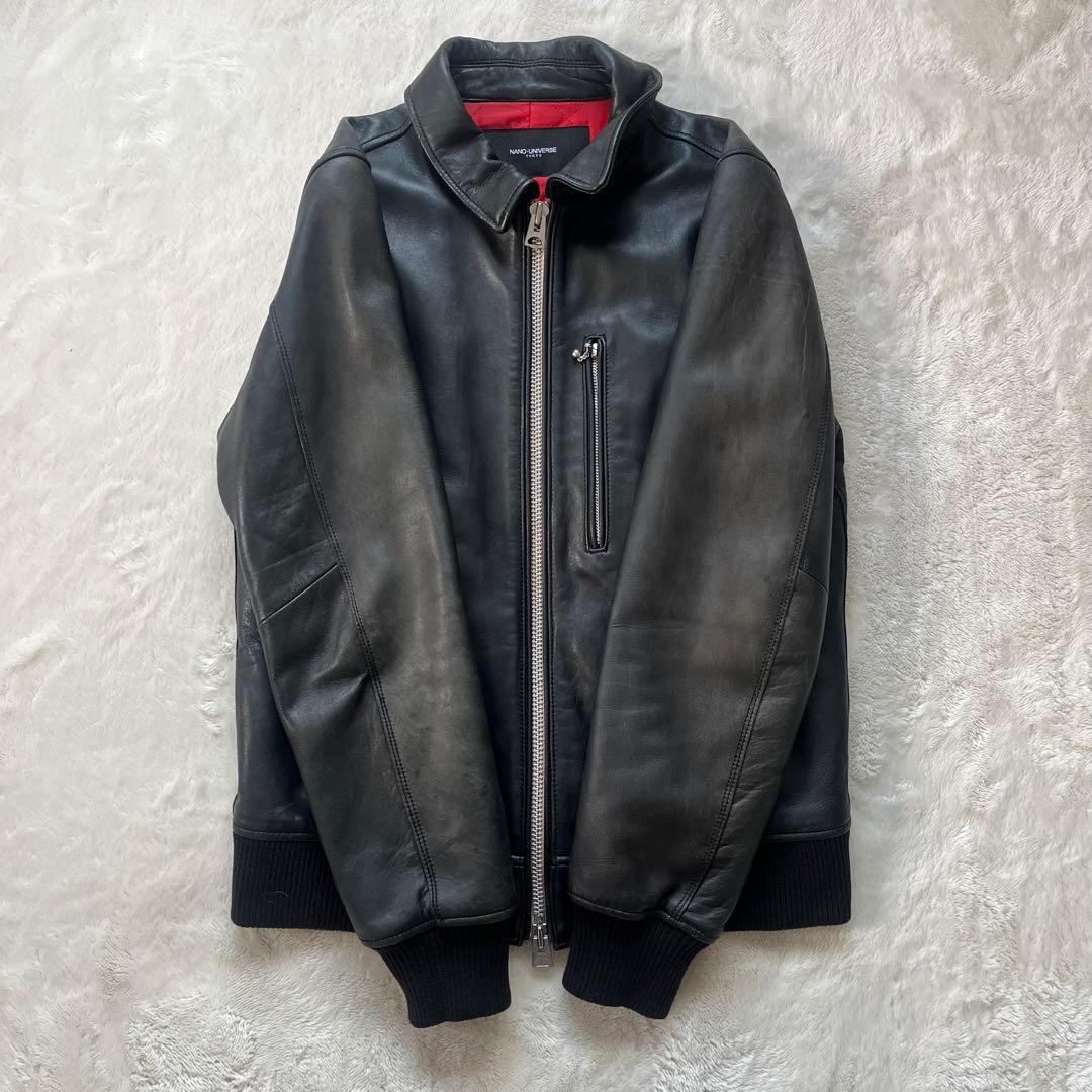 鮮烈レッド裏地✨ナノユニバース　羊革ラムレザージャケット　L キルティング　黒