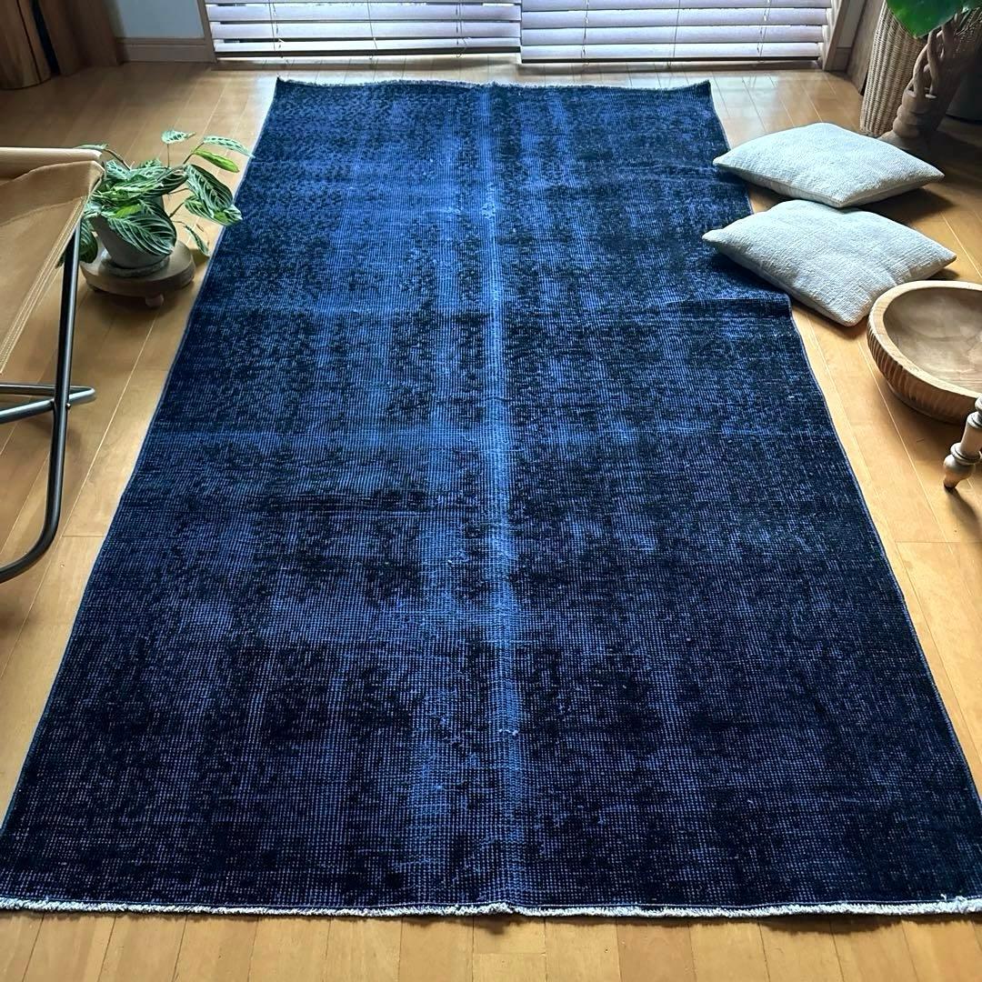 112.5×209藍色オーバーダイ　ワンカラーラグ　トルコヴィンテージラグ