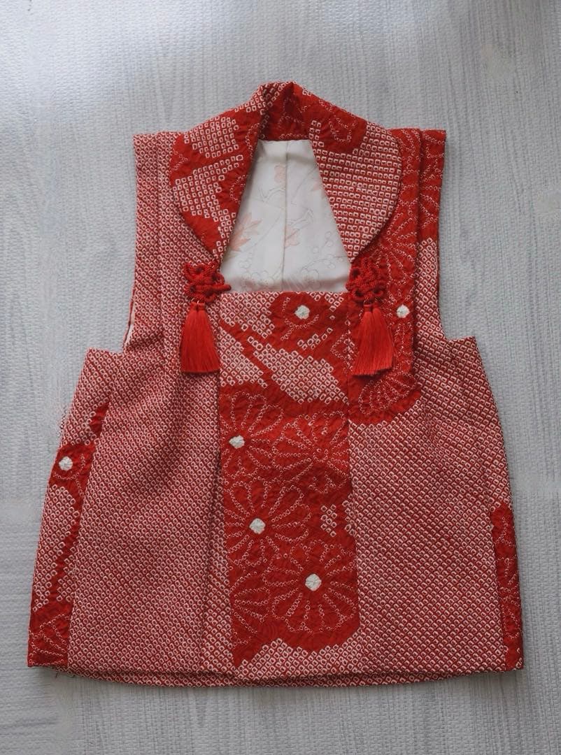 七五三　被布　正絹総絞り　手縫い　着物　３歳　赤　正月
