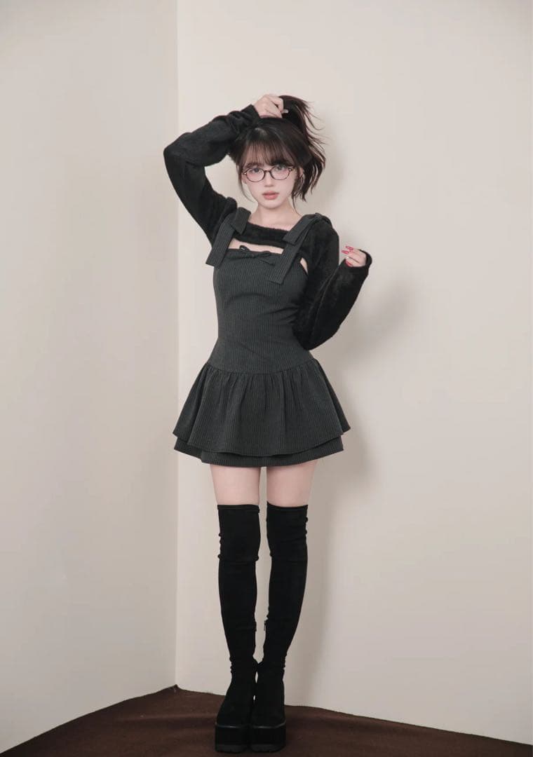 BunnyLis ふわもこボレロ×ストライプミニワンピセット