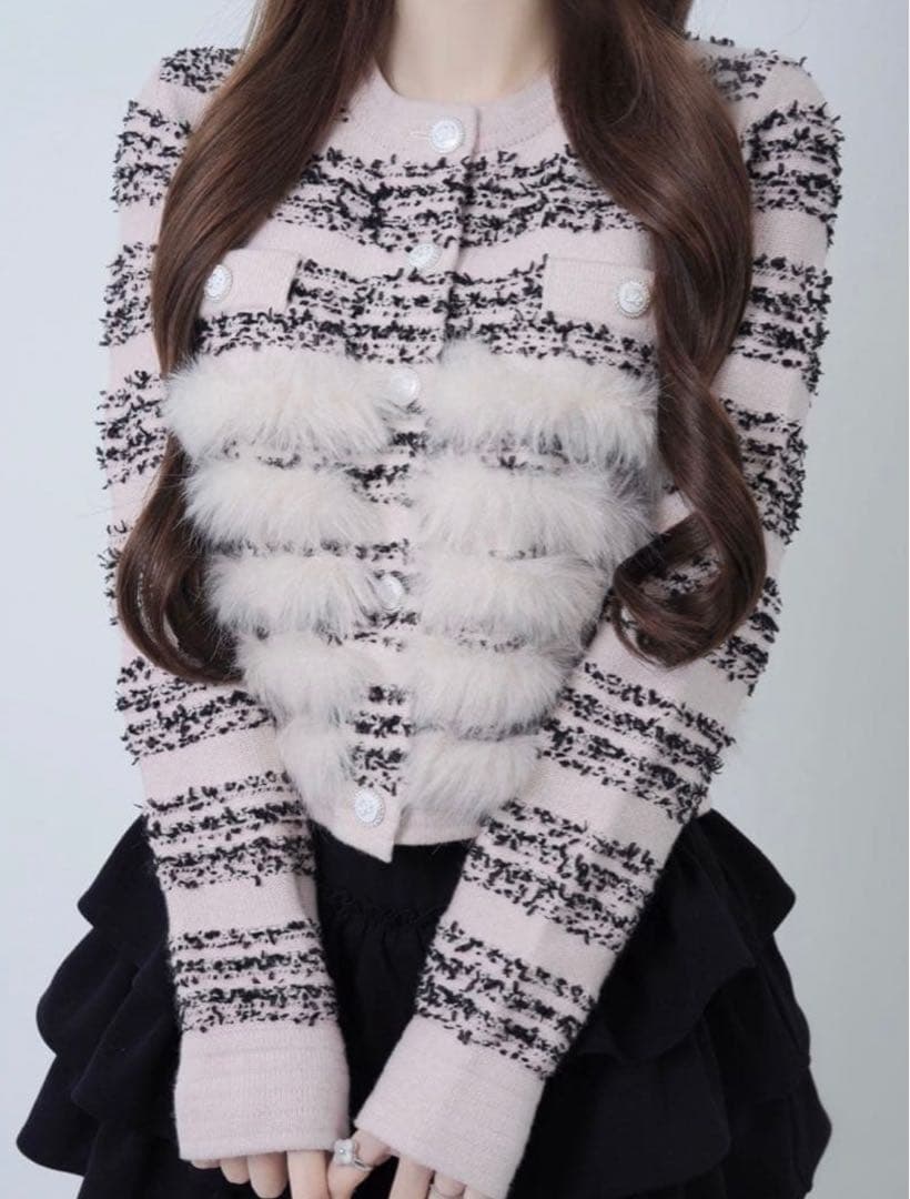 Lumignon tweed-like fur knit【ブラック×ピンク】