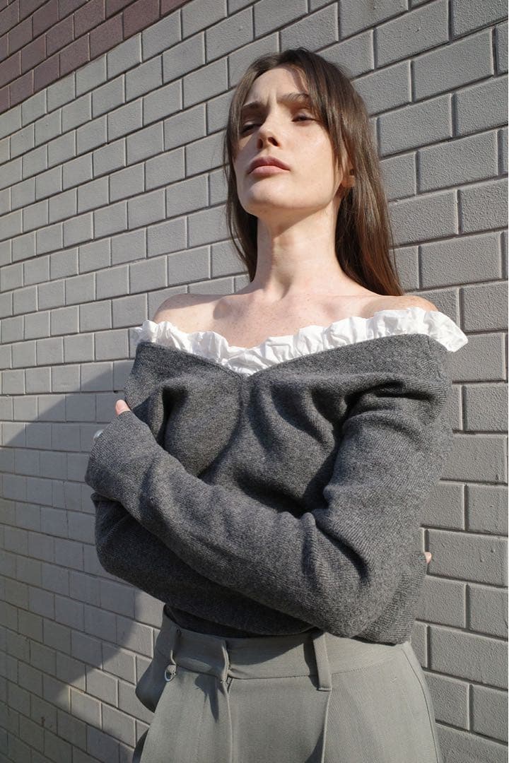 CLANE 2WAY FRILL V NECK KNIT TOPS グレー2