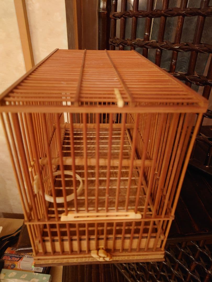 鳥かご メジロ籠　象牙調留具　竹　黒柿　二個セット