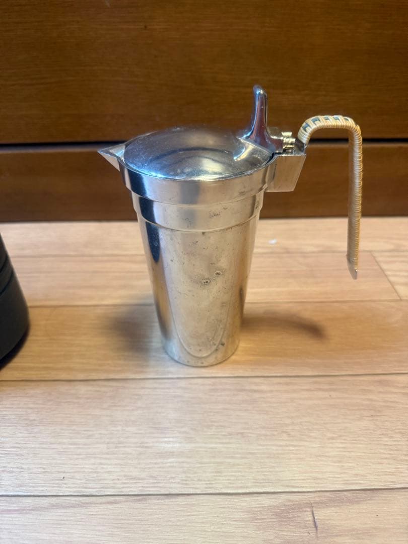 能作製フタ付純錫ちろり+美濃焼陶器+天然木枠　３点セット