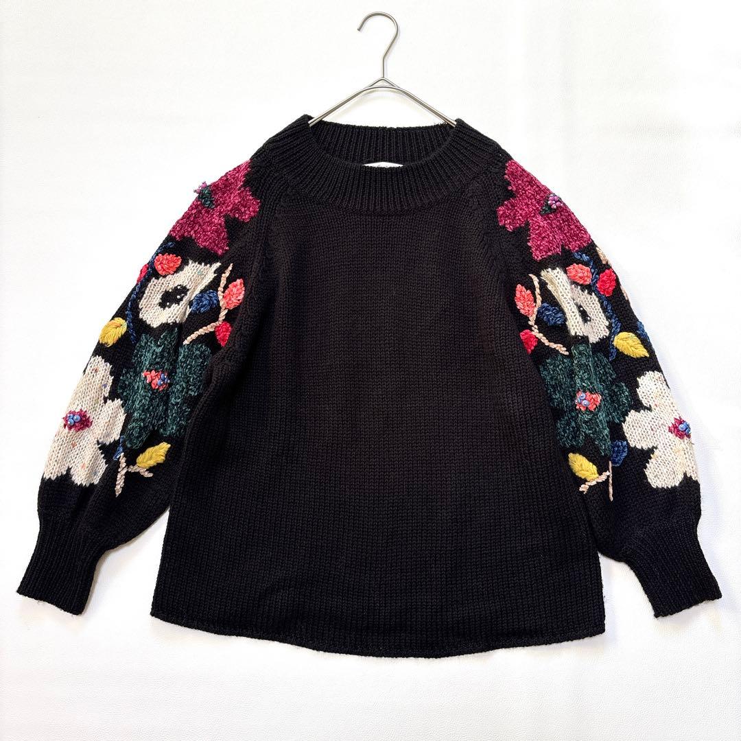 ビアズリー 人気完売品 花ジャガードニット 刺繍 ボリュームスリーブ