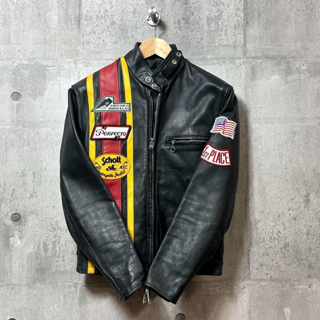 ⭐️即決価格⭐️Schott シングルライダースジャケット　アメリカ製　ワッペン