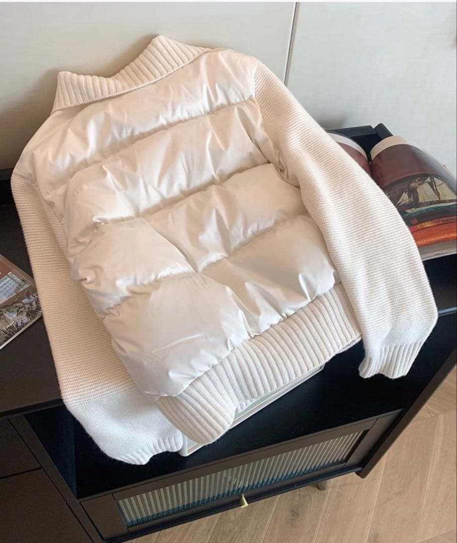 【即日発送】Mサイズ ニットスリーブエコファー ダウンジャンパー ホワイト 韓国