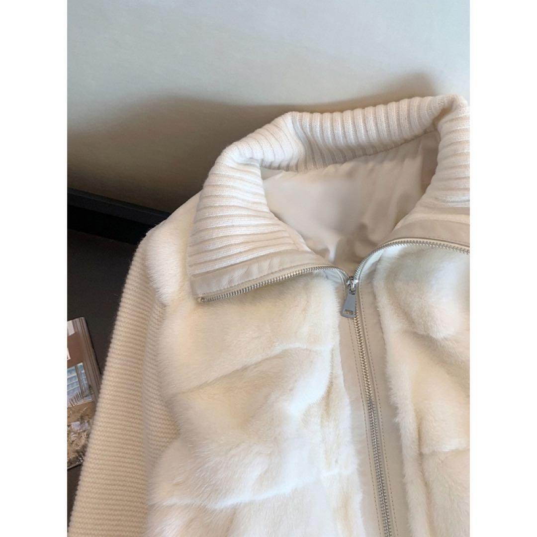 【即日発送】Mサイズ ニットスリーブエコファー ダウンジャンパー ホワイト 韓国