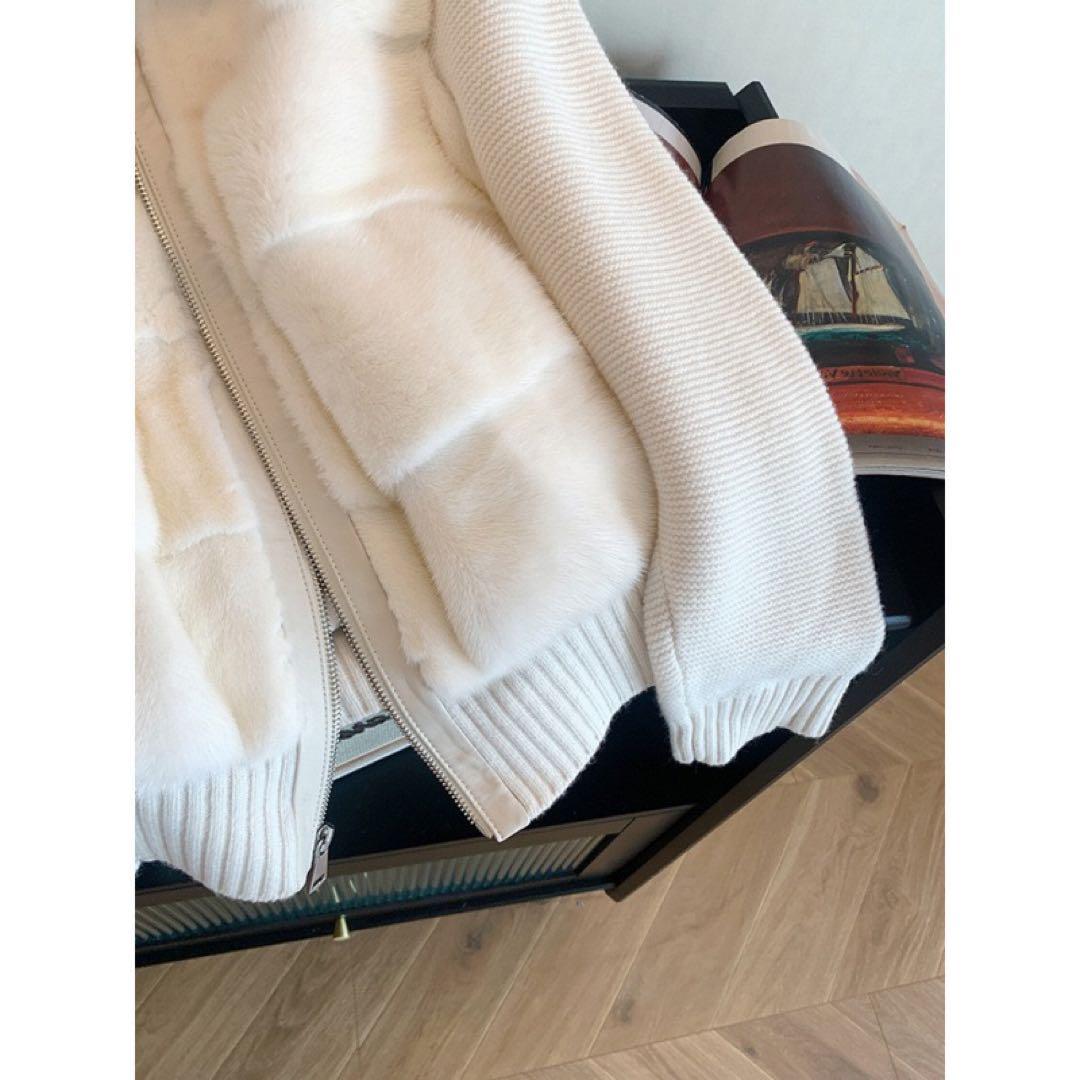 【即日発送】Mサイズ ニットスリーブエコファー ダウンジャンパー ホワイト 韓国