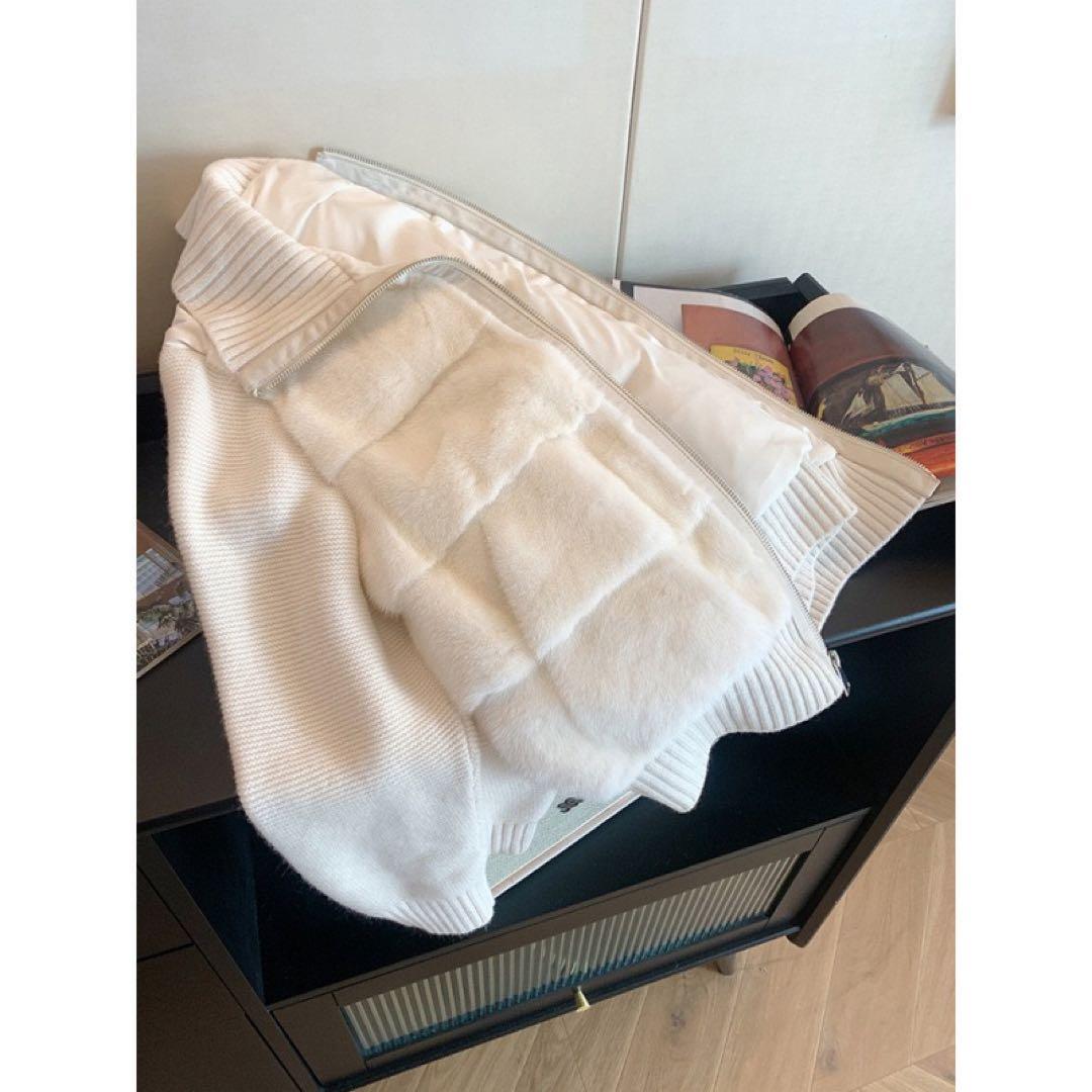 【即日発送】Mサイズ ニットスリーブエコファー ダウンジャンパー ホワイト 韓国