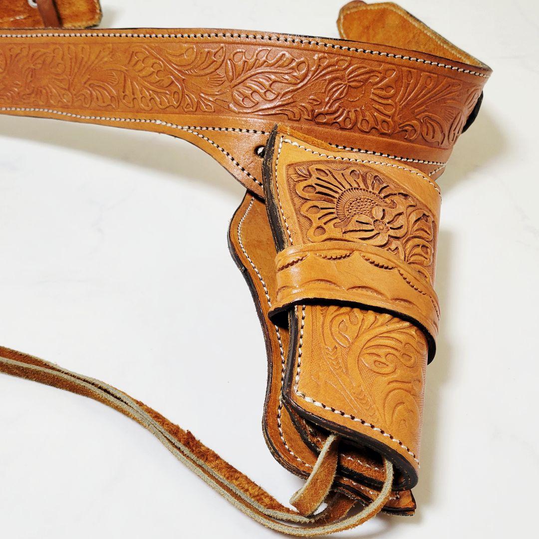 【美品】本革 カービング ウエスタン ガンベルト ホルスター付