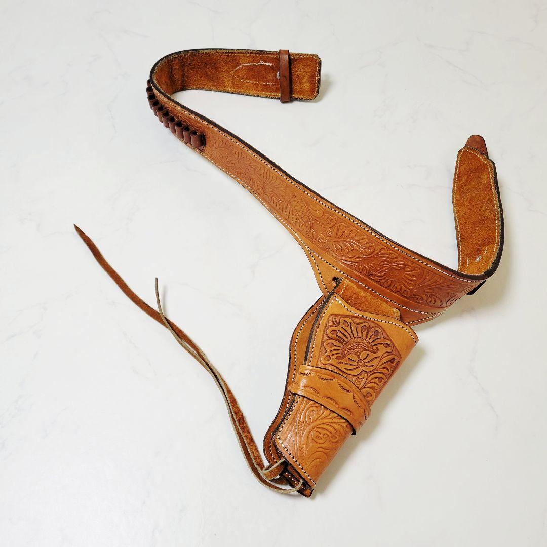 【美品】本革 カービング ウエスタン ガンベルト ホルスター付