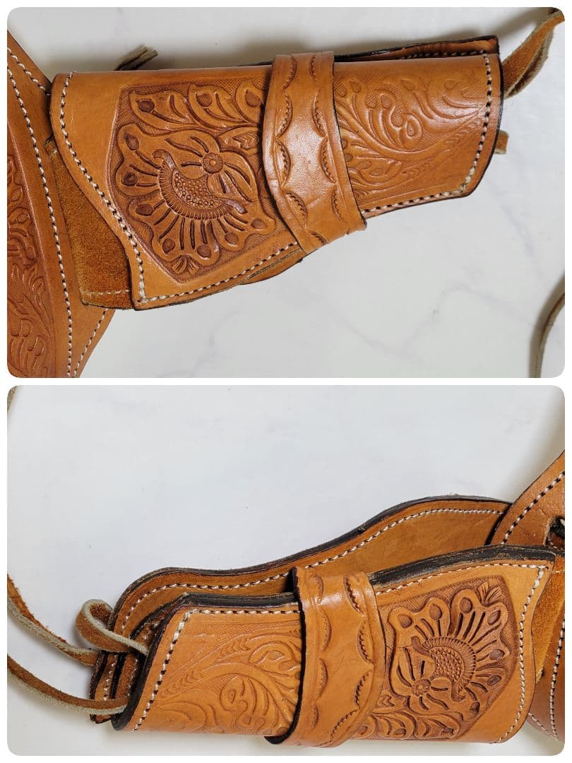 【美品】本革 カービング ウエスタン ガンベルト ホルスター付
