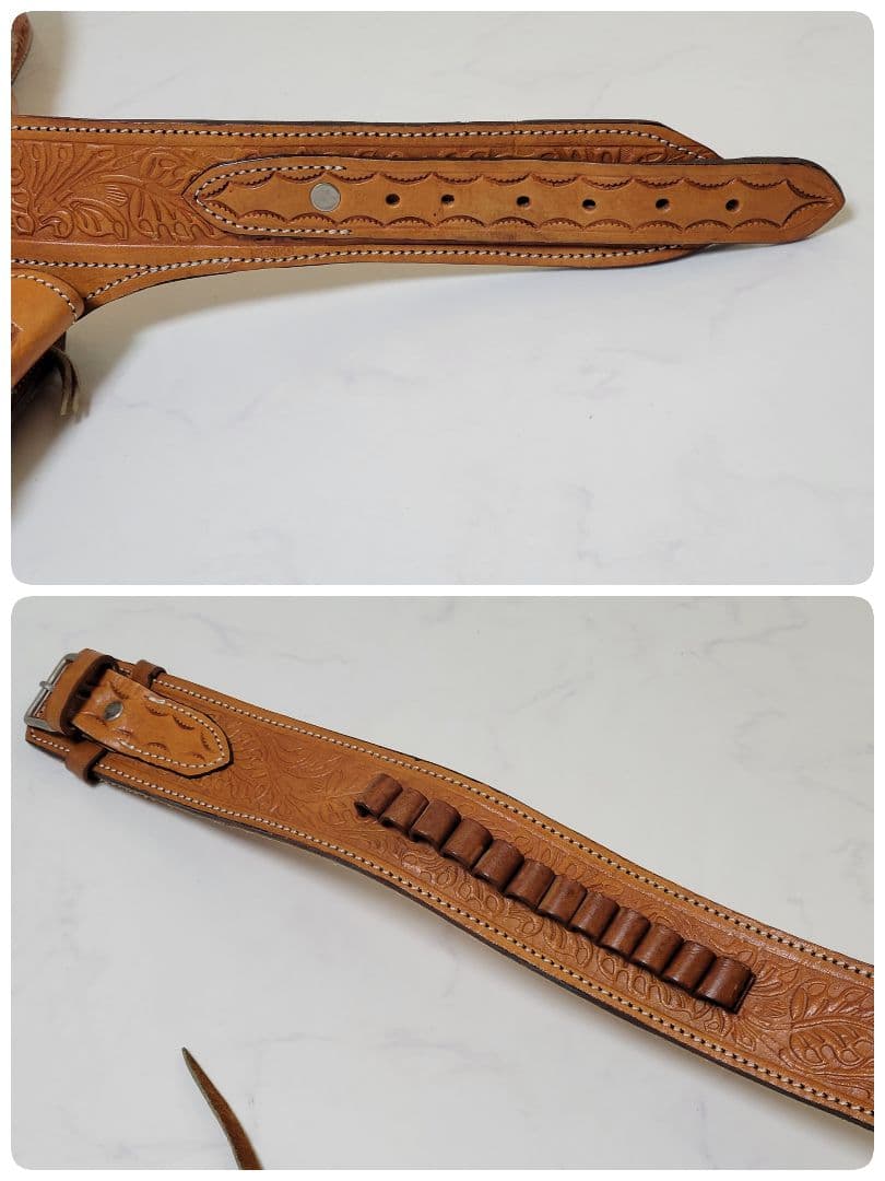 【美品】本革 カービング ウエスタン ガンベルト ホルスター付