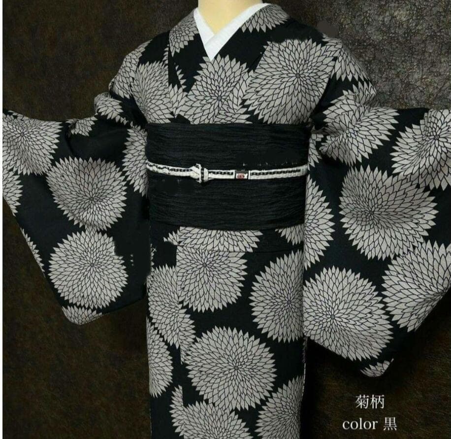◆最高級【綿麻浴衣】黒地狢菊古典ゆかた◆高級変わり織◆着物としても着用可◆