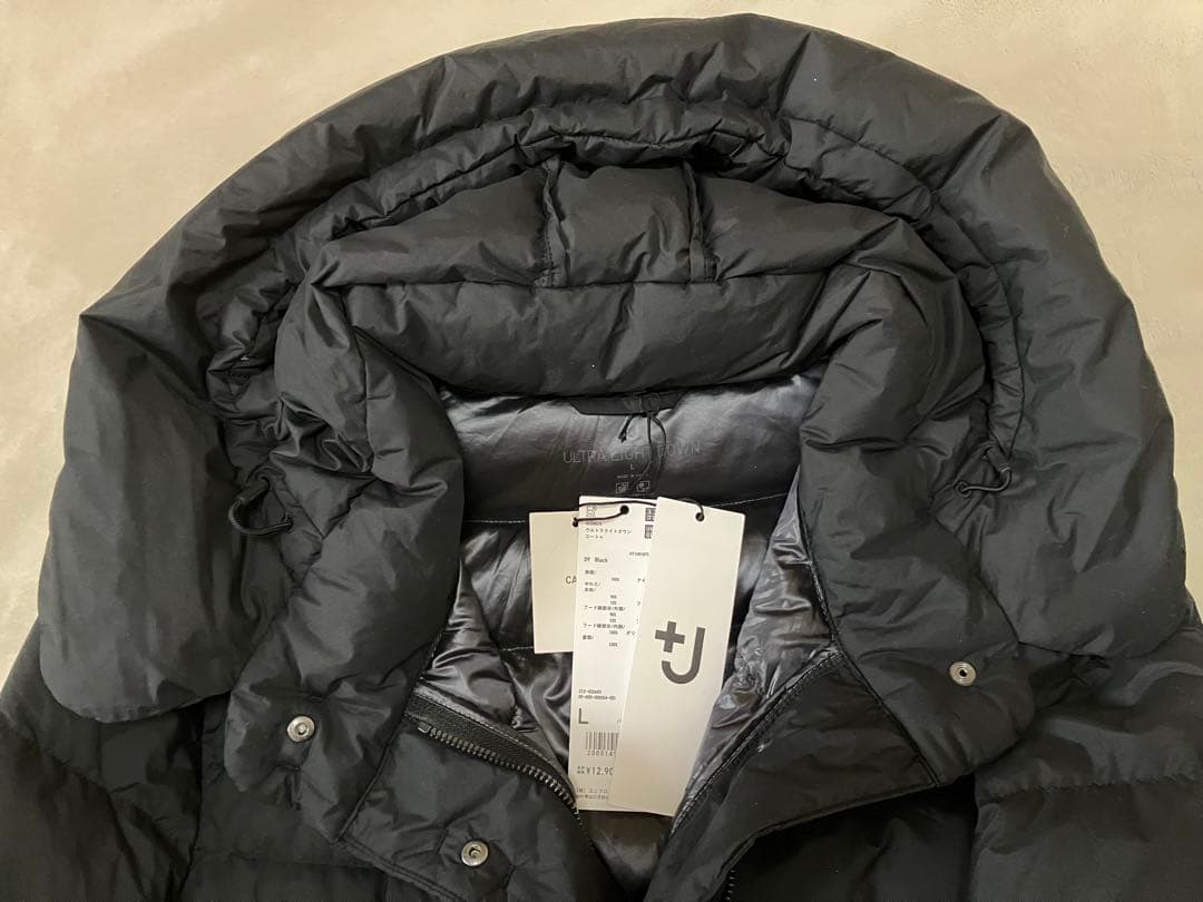 美品★ユニクロ +J ウルトラライトダウンフーデットコート 黒　Ｌサイズ