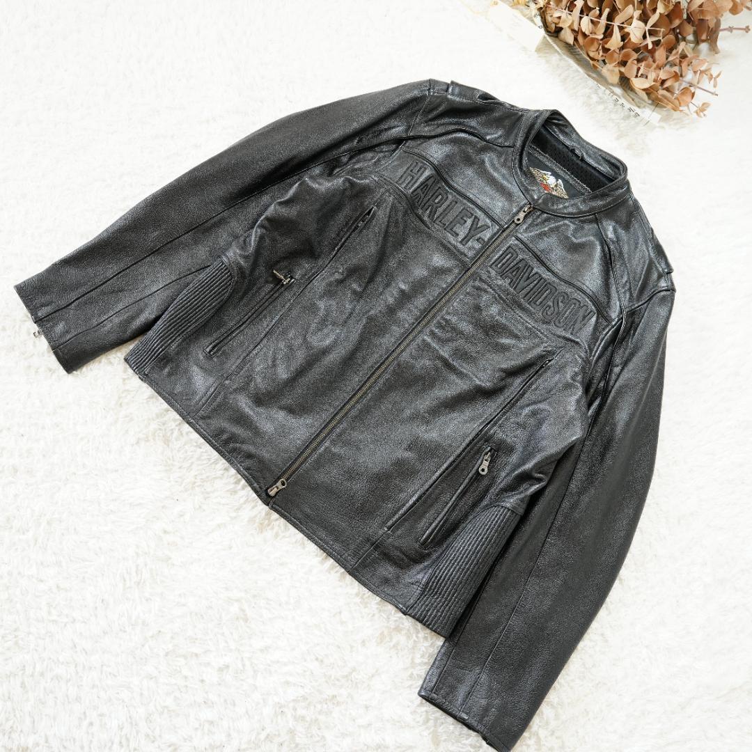 【美品】ハーレーダビッドソン　ビッグロゴ刺繍レザージャケット　XL