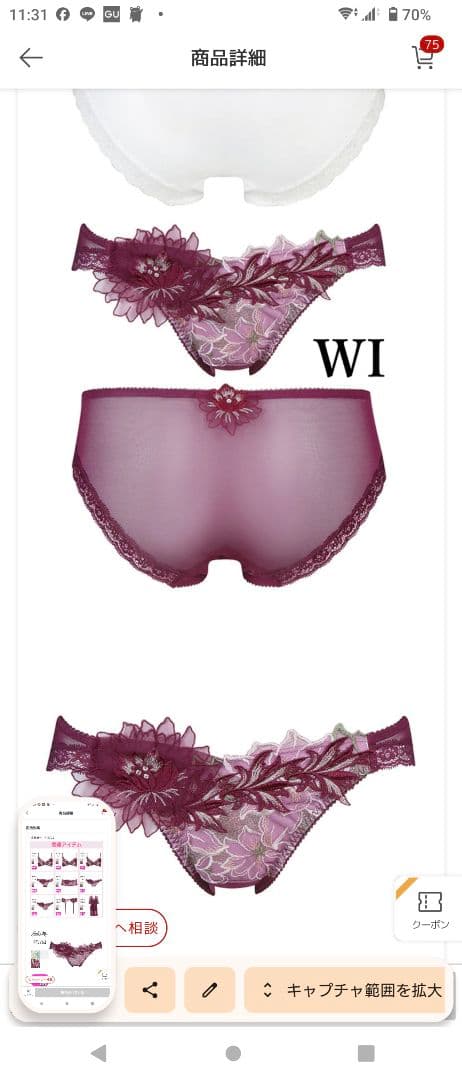 ワコールサルート 豪華花柄レース ブラジャーショーツセット ワインレッドB75m