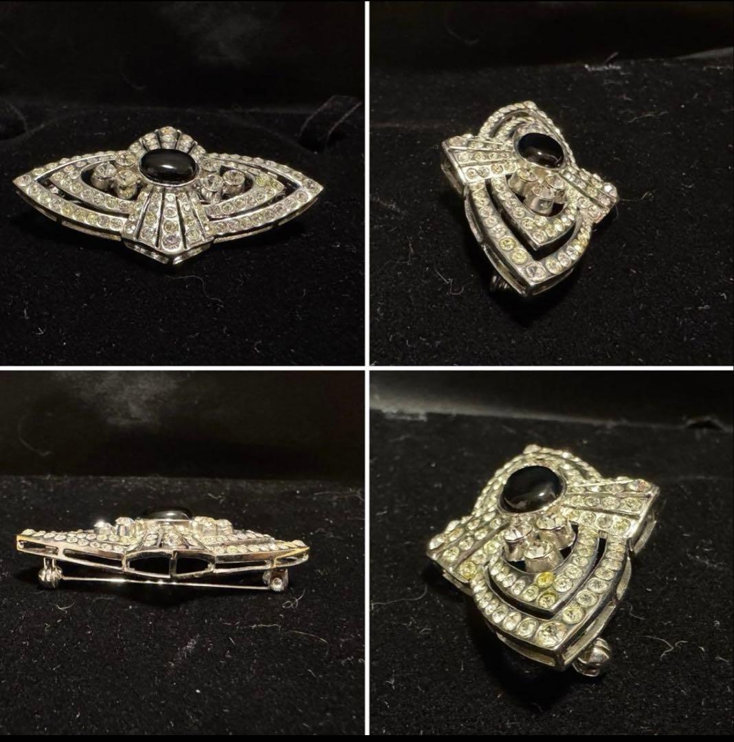 フランス　ヴィンテージ 銀張りのライトストーンと黒色石のブローチ　長期保存