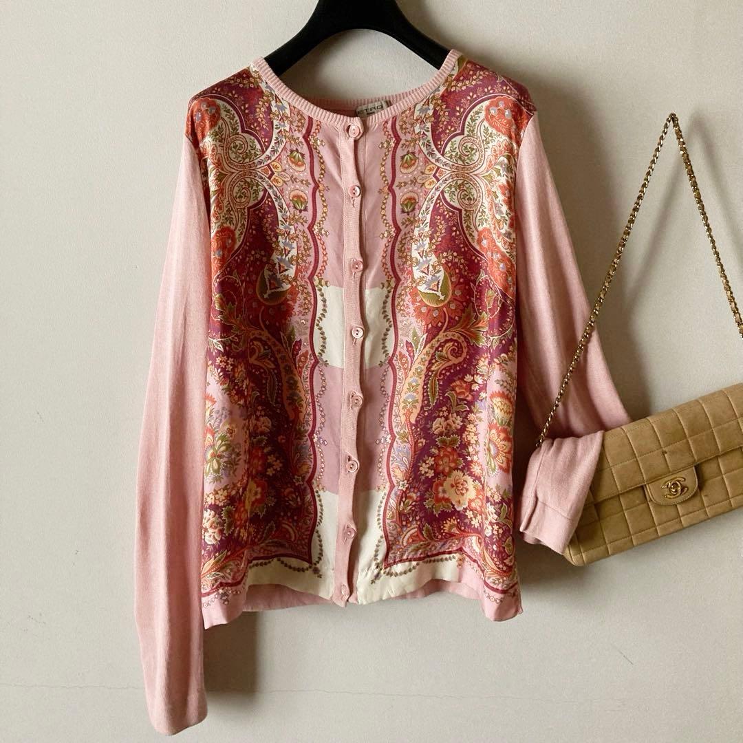 エトロ ＊上質スカーフ柄シルクサテン クルーネックゆるいニットカーディガン