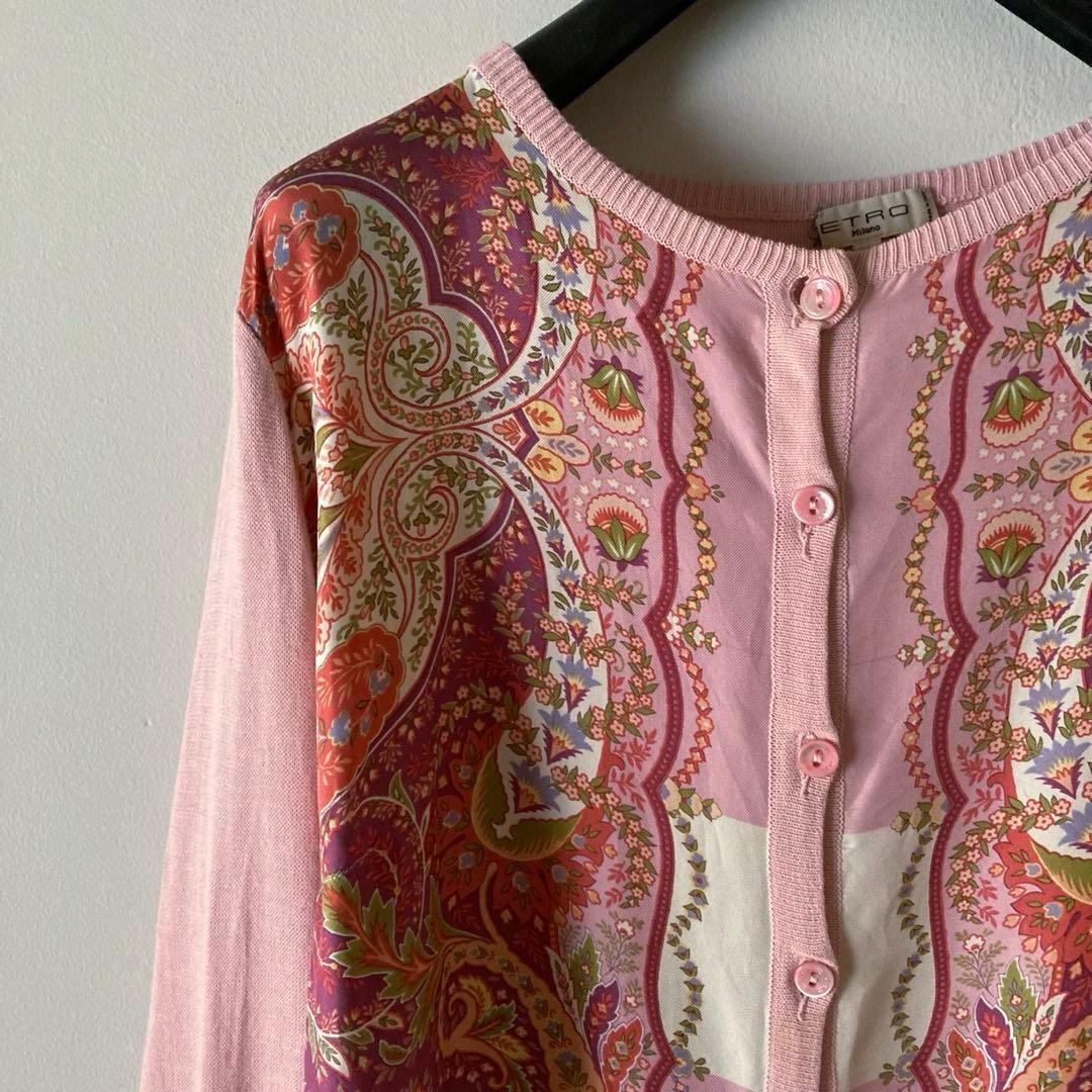 エトロ ＊上質スカーフ柄シルクサテン クルーネックゆるいニットカーディガン