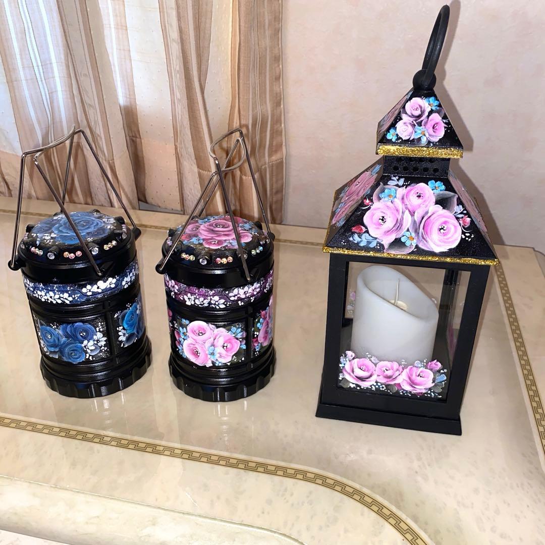 ジュエリーボックス　ランタン　懐中電灯　電子カイロ　防犯ブザー　薔薇　手描き