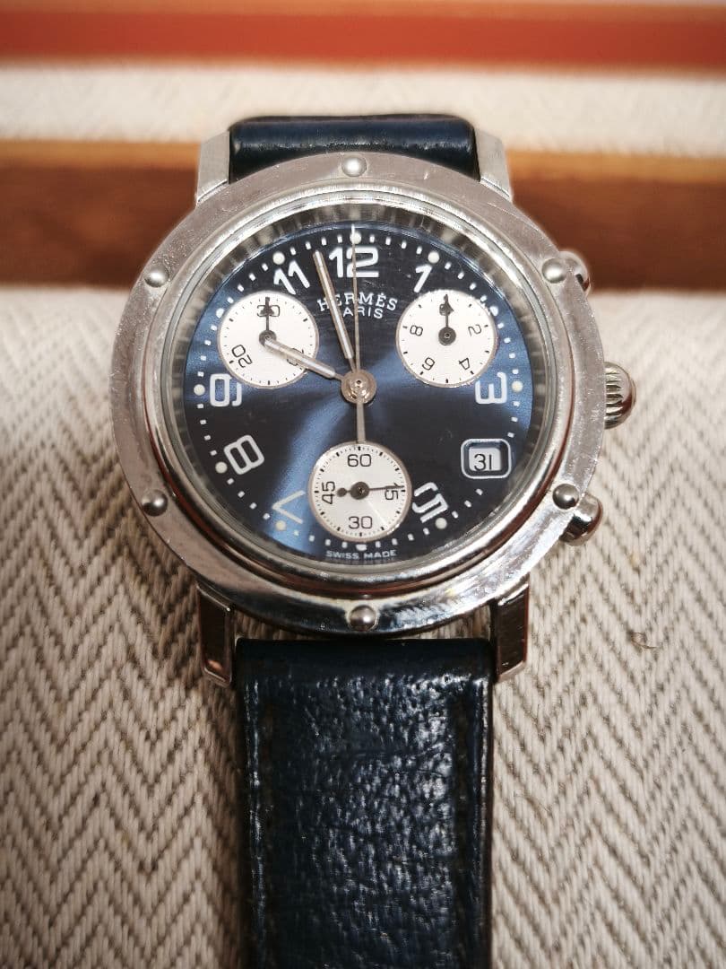 HERMES クリッパー　クロノグラフ 腕時計 ネイビー　電池新品　完動品