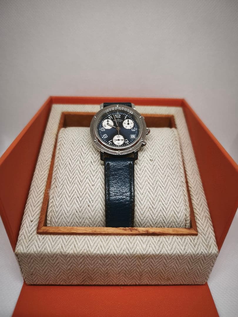 HERMES クリッパー　クロノグラフ 腕時計 ネイビー　電池新品　完動品