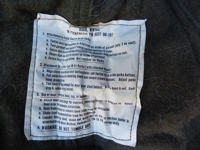 米軍実物 1977” M65 パーカー ジャケット 用 フード 白タグ　183