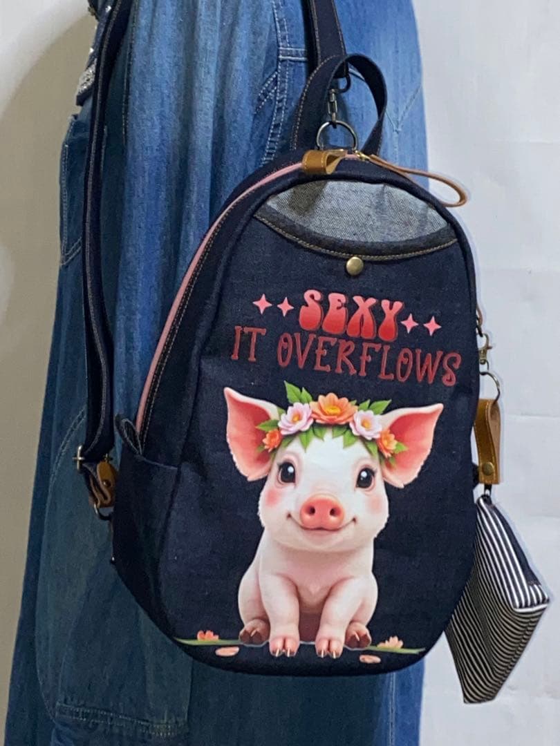 男女兼用☆岡山デニム☆ブタさん☆リュックorワンショルダーバッグ